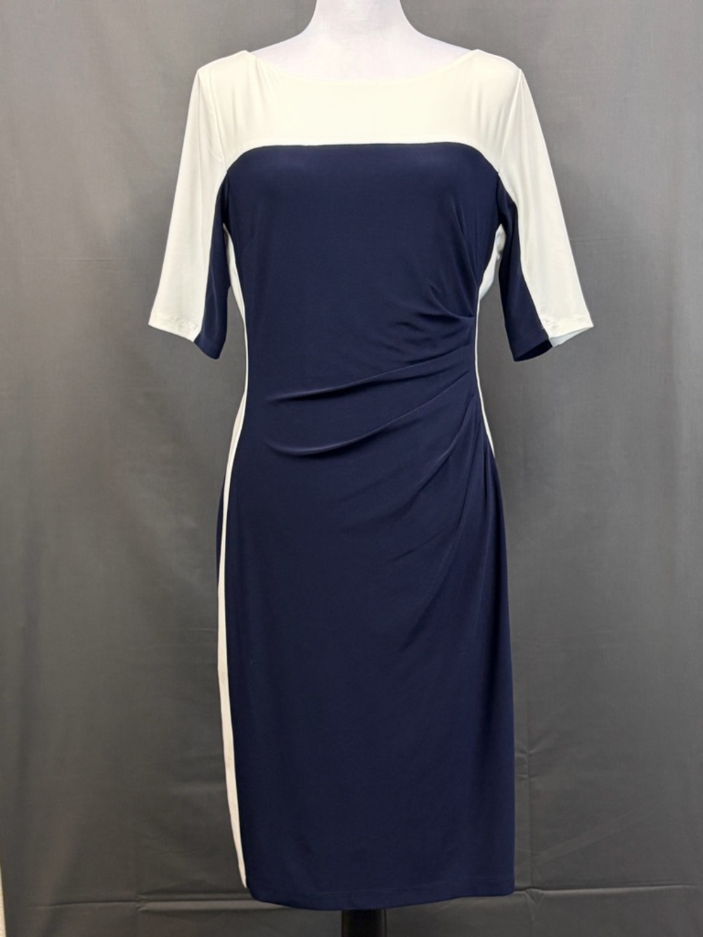 Lauren Ralph Lauren Navy White Colorblock Ruched Jersey Sheath Dress Size 10